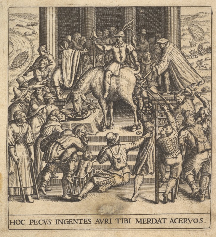 Men collecting dung dropping from the hindquarters of a mule, with a rider sitting ba..., 1592-1614. Creator: Johann Theodor de Bry.