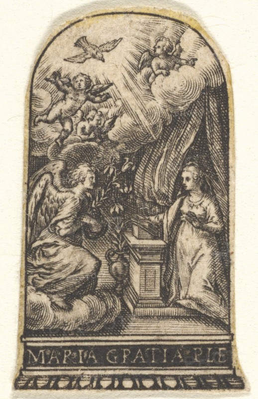 Annunciation, Mary kneels at a lectern as Gabriel approaches on a cloud from the ..., ca. 1580-1600. Creator: Johann Theodor de Bry.