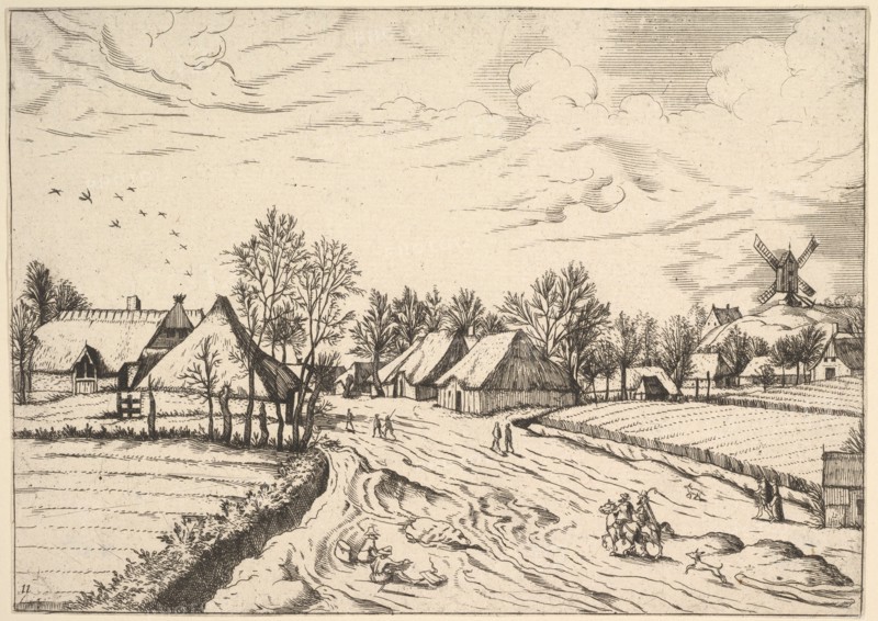 Country Village with Post Mill from Multifariarum casularum ruriumque lineamenta curios..., 1559-61. Creator: Johannes van Doetecum I.