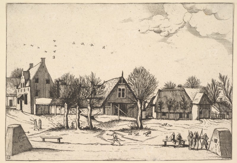 Country Village, archers in the foreground from Multifariarum casularum ruriumque linea..., 1559-61. Creator: Johannes van Doetecum I.