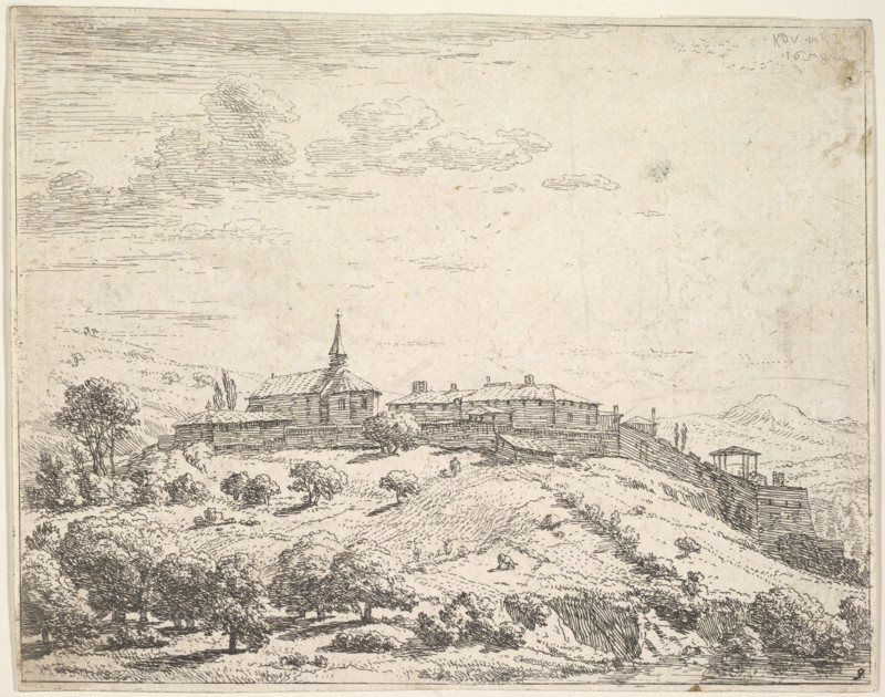 Walled village on a hill, with church at left and buildings constructed on the downslope a..., 1658. Creator: Karel Du Jardin.