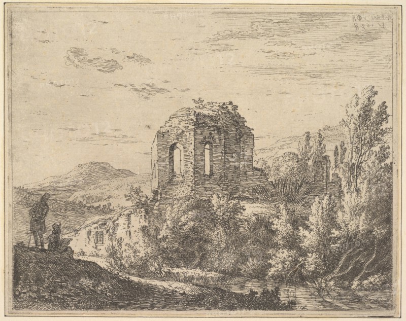 View of ruins showing the corner of a building with two arched windows, in a landscape wit..., 1658. Creator: Karel Du Jardin.