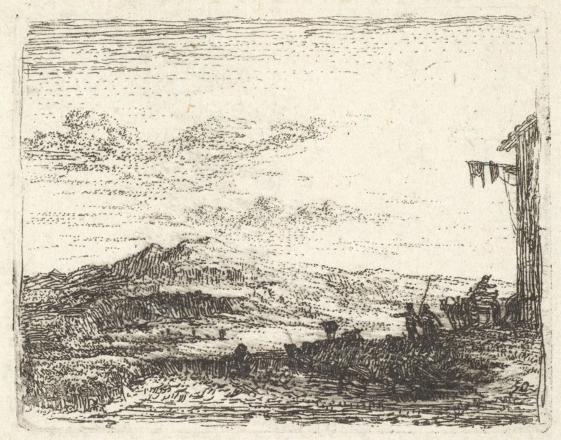 Landscape with corner of building and awning at far right, two figures and a horse-..., ca. 1641-78. Creator: Karel Du Jardin.