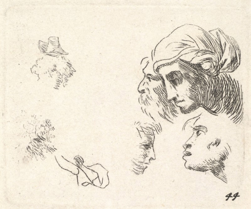 Study of heads in profile view, a woman with headcloth and bearded man whose heads ..., ca. 1641-78. Creator: Karel Du Jardin.