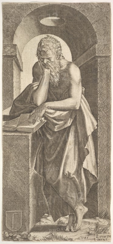 St. Simon standing before an open book with the fingers of his left hand pressed onto the ..., 1545. Creator: Lambert Suavius.
