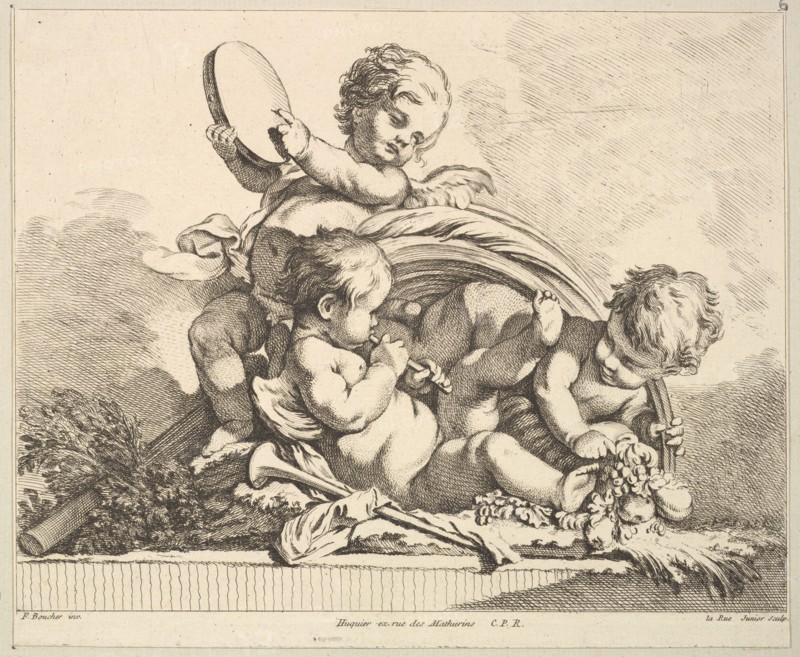 Three Cupids, Two Playing Music, One Holding Palm Leaves. Creator: Louis Felix de la Rue.