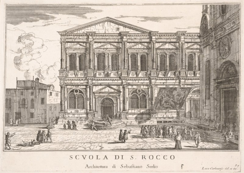 Plate 37: Side view of the school of St. Roch at left and view of facade of the church of ..., 1703. Creator: Luca Carlevarijs.