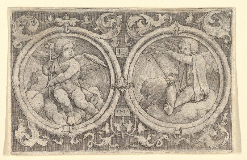 Two Putti Seated in Clouds in Circles with Tendrils, 1517. Creator: Lucas van Leyden.