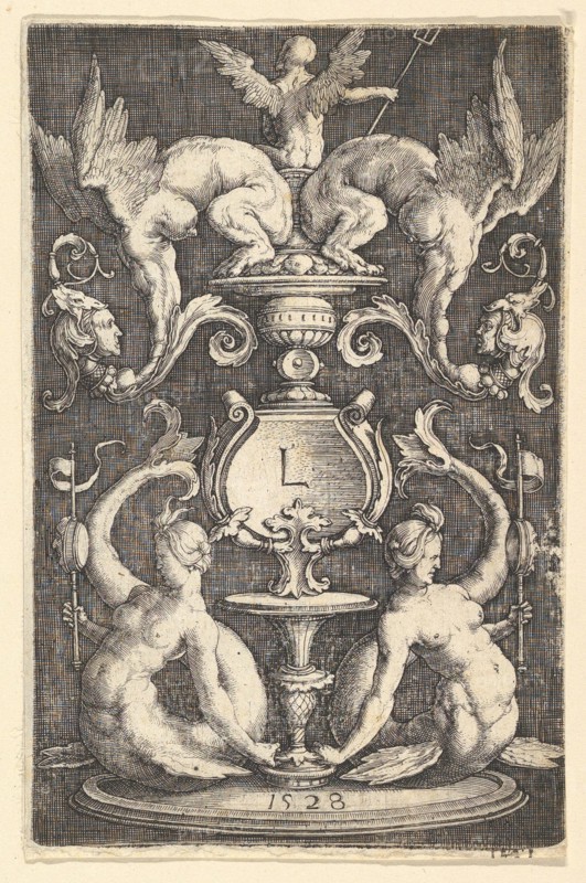 Panel of Ornament with Two Sirens, 1528. Creator: Lucas van Leyden.