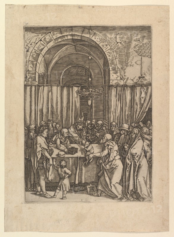 High priest refusing sacrificial lamb from Joachim, after Dürer, ca. 1500-1534. Creator: Marcantonio Raimondi.