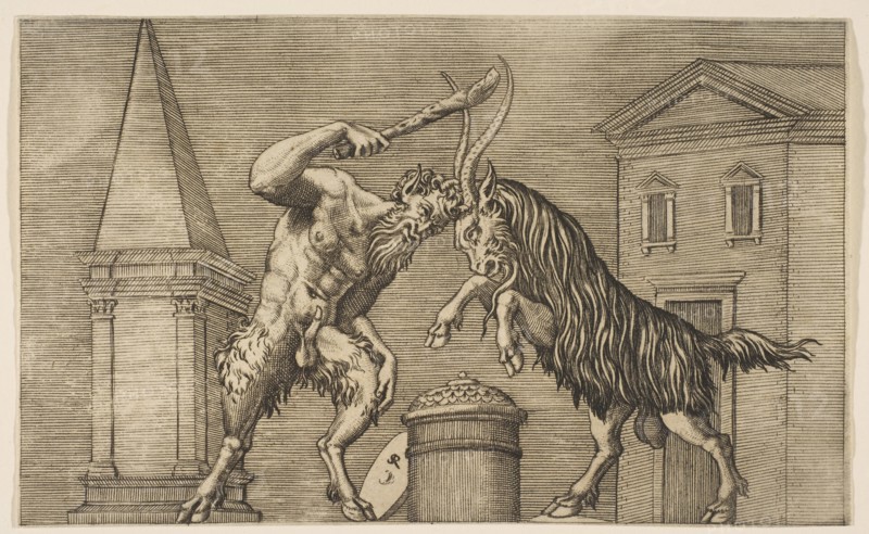 A satyr and a ram attacking each other, the satyr wielding a club with his right ha..., ca. 1515-27. Creator: Marco Dente.