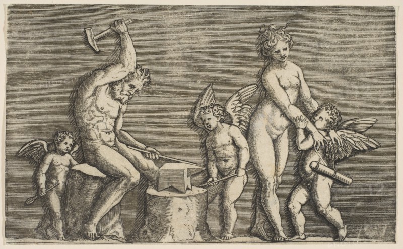 Vulcan seated hammering on an anvil flanked by Venus and three cupids, ca. 1515-27. Creator: Marco Dente.