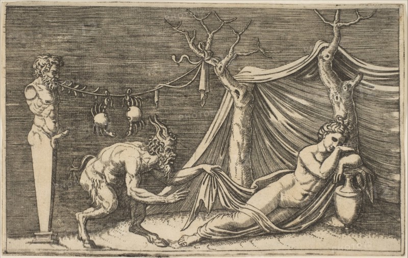 A satyr discovering a sleeping woman; two crabs hanging from a rope which is strung..., ca. 1515-27. Creator: Marco Dente.