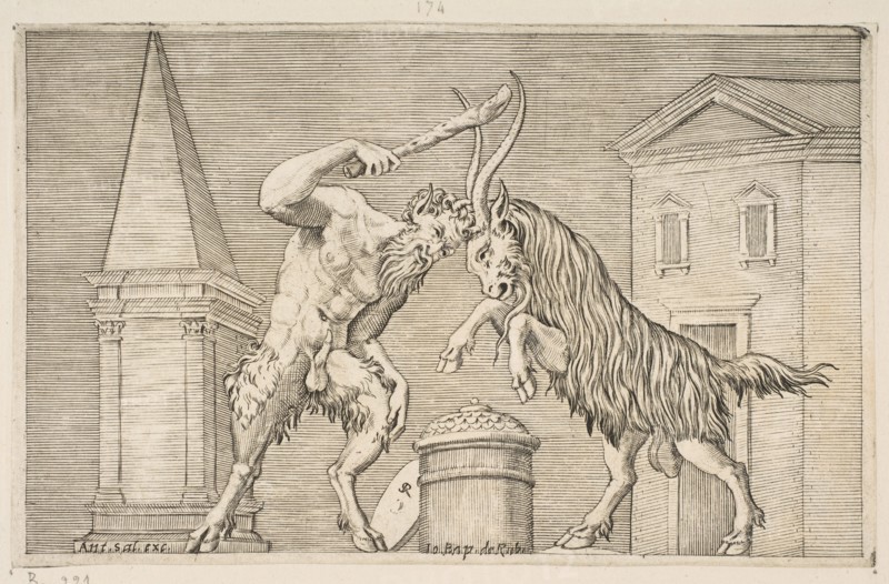 A satyr and a ram attacking each other, the satyr weilding a club with his right ha..., ca. 1515-27. Creator: Marco Dente.