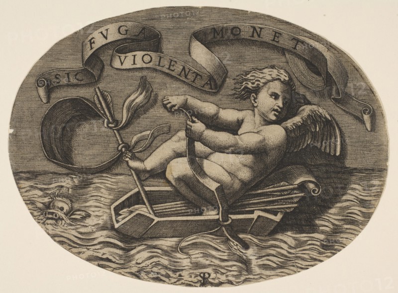 Eros escaping by sea using his bow to propel a boat made from his quiver with an ar..., ca. 1515-27. Creator: Marco Dente.