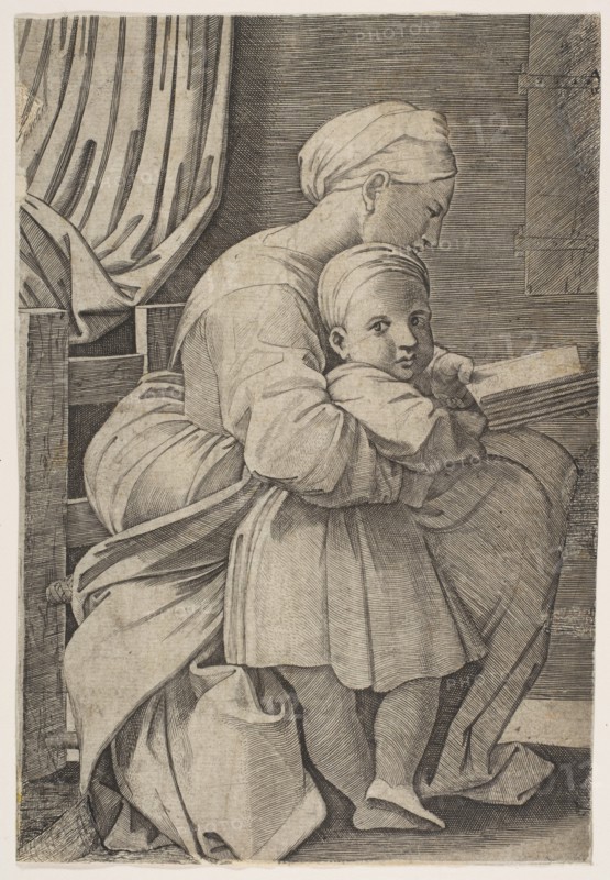 The Virgin in profile facing right reading to the infant Christ, ca. 1515-27. Creator: Attributed to Marco Dente
