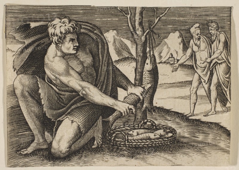 A man kneeling next to a basket of fish and taking one with both hands, two men at ..., ca. 1515-27. Creator: Marco Dente.