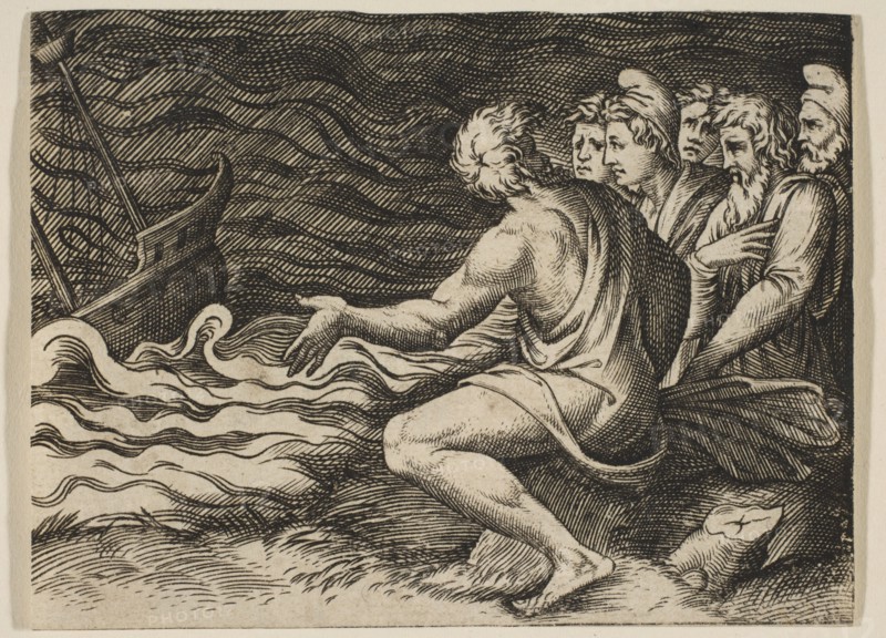 A group of figures at right witnessing a shipwreck, ca. 1515-27. Creator: Marco Dente.