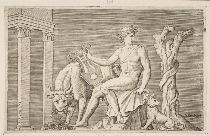 Apollo tending the flocks of Admetus, Apollo seated holding a lyre and flanked by a..., ca. 1515-27. Creator: Marco Dente.