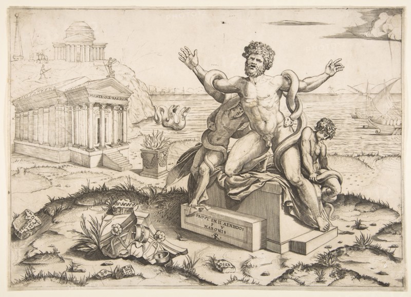 Laocoön and his two sons being attacked by serpents upon a pedestal, a temple to Mi..., ca. 1515-27. Creator: Marco Dente.