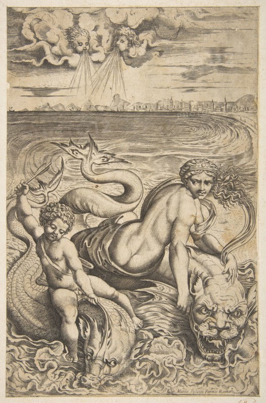 Venus and Cupid riding two sea monsters, Cupid raises an arrow in his right hand, t..., ca. 1515-27. Creator: Marco Dente.