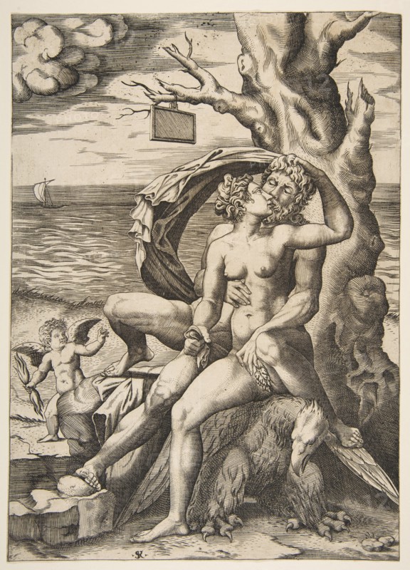Jupiter and Semele embracing, an eagle beneath them, a tree at right with a blank t..., ca. 1515-27. Creator: Marco Dente.