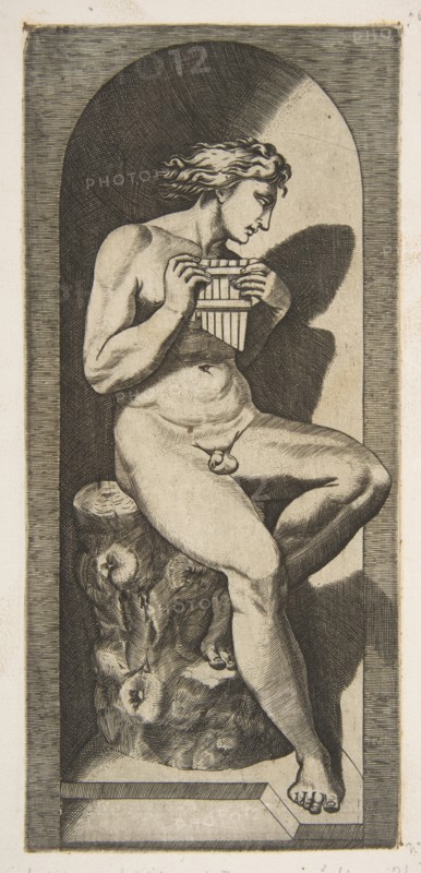 Olympus naked seated on a tree stump holding pipes, set within a niche, ca. 1515-27. Creator: Marco Dente.
