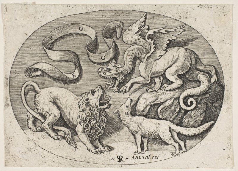 A lion, dragon and fox fighting each other, an inscribed banderole above, an oval c..., ca. 1515-27. Creator: Marco Dente.