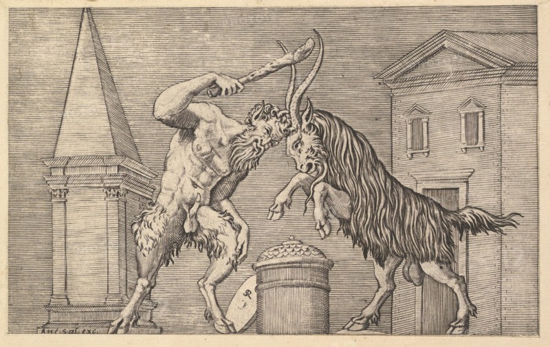 Speculum Romanae Magnificentiae: A Satyr and a Ram Clashing, 16th century. Creator: Marco Dente.