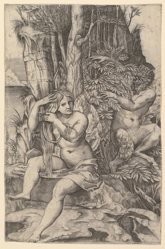 Pan spying on the nymph Syrinx who is seated on a rock, combing her hair, ca. 1516-20. Creator: Marco Dente.