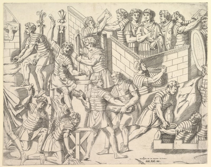 Speculum Romanae Magnificentiae: Roman Soldiers Fortifying their Camp, from Trajan..., 16th century. Creator: Marco Dente.