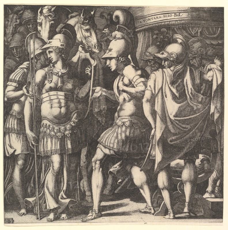 Alexander welcoming Thalestris and the Amazons, mid-16th century. Creator: Master FG.