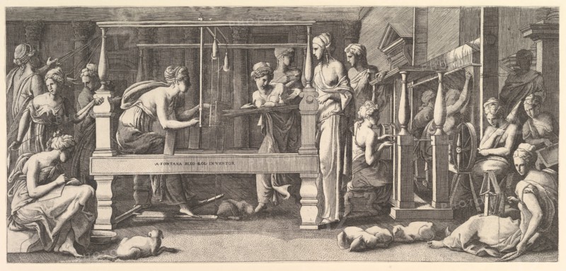 Women spinning, weaving and sewing, 1540-50. Creator: Master FG.
