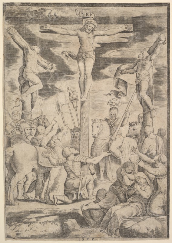 The conversion of the Centurion who flings his arms open before Christ on the cross, 1532. Creator: Master of the Die.