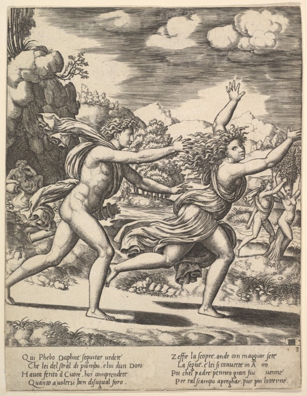 Apollo chasing Daphne who throws her arms up, in the background at right shows the mome..., 1530-60. Creator: Master of the Die.