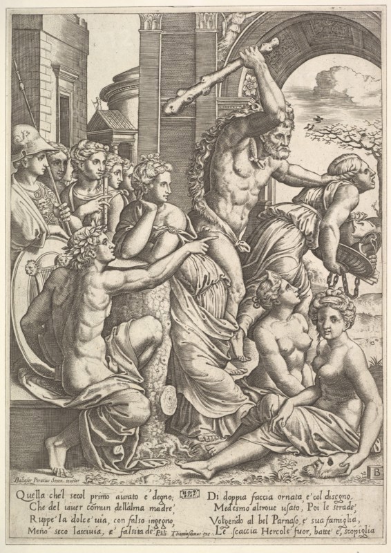 Envy or Avarice at the right being driven from the temple of the Muses by Hercules who ..., 1530-60. Creator: Master of the Die.