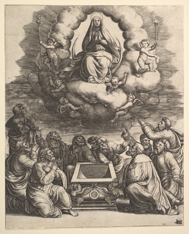 The Assumption of the Virgin, below the apostles surround the tomb, 1530-60. Creator: Master of the Die.