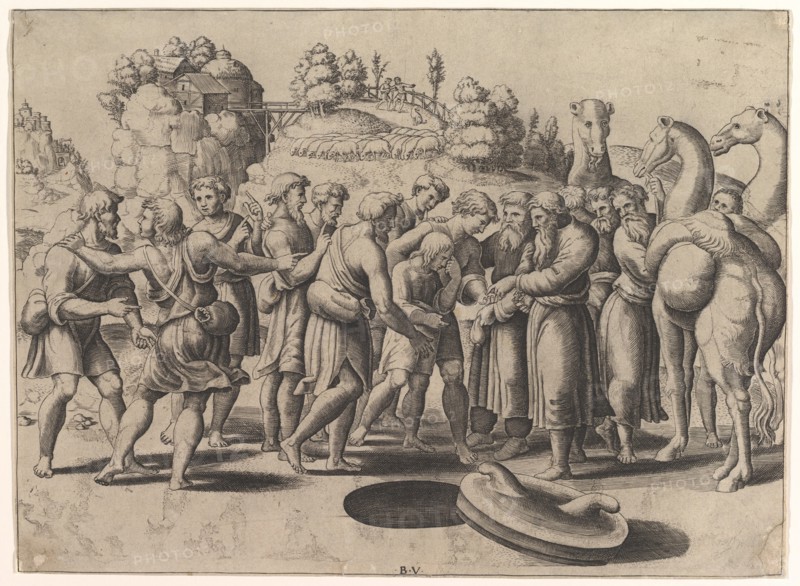 Joseph in the centre being sold by his brothers standing above a well, camels at the right, 1533. Creator: Master of the Die.