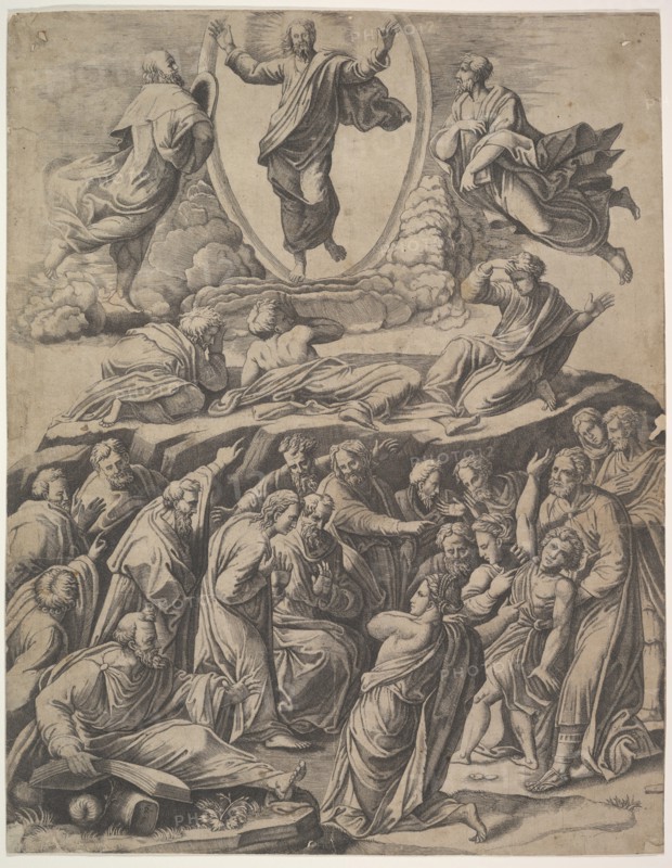 The Transfiguration of Christ who appears upper centre, below him various figures inclu..., 1530-60. Creator: Master of the Die.