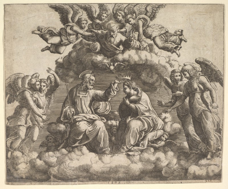 The coronation of the Virgin, Christ holding the crown over her head, God the Father bless..., 1532. Creator: Master of the Die.