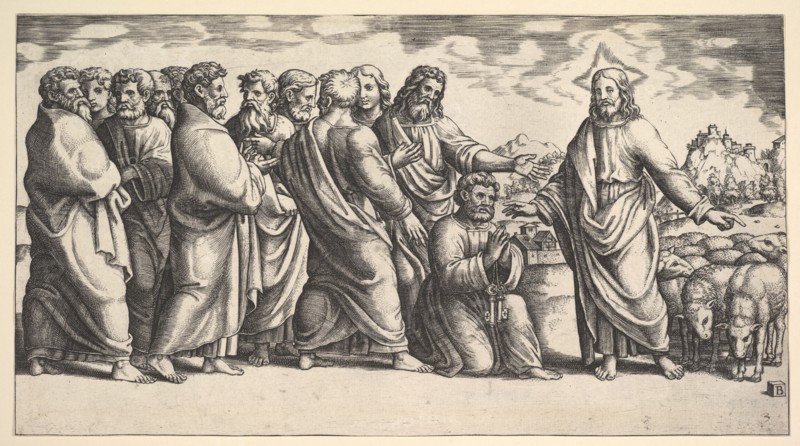 Christ standing at left indicating to a flock of sheep, before him kneels St. Peter hol..., 1530-60. Creator: Master of the Die.