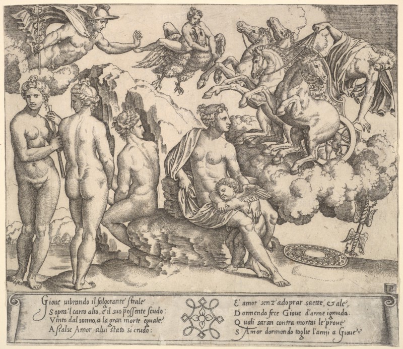 Jupiter tumbling from a horse-drawn carriage at right, Ganymede in the form of an eagle..., 1530-60. Creator: Master of the Die.
