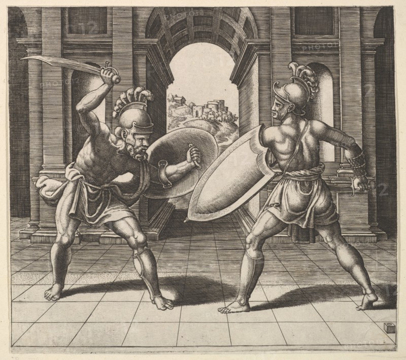 Two gladiators fighting in front of an arch, 1530-60. Creator: Master of the Die.