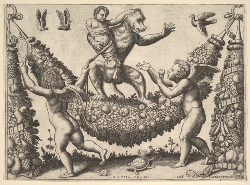A monkey holding a bound putto standing on a garland in front of which are two winged p..., 1530-60. Creator: Master of the Die.