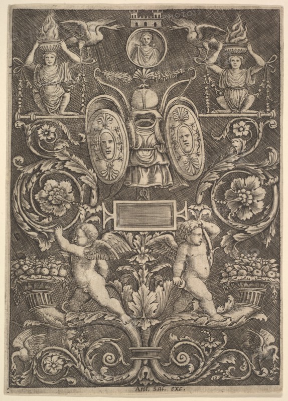 A panel of ornament, putti standing on cornucopia in lower section, 1530-60. Creator: Master of the Die.