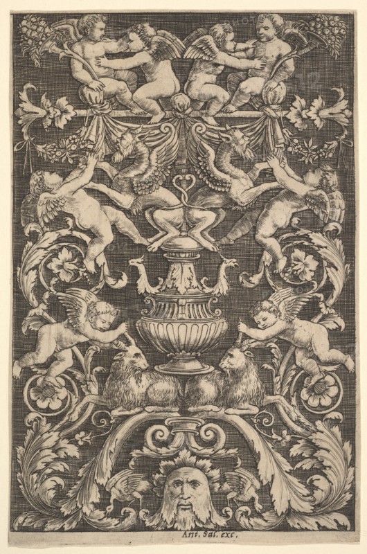 A panel of ornament with putti, goat and other figures, 1530-60. Creator: Master of the Die.