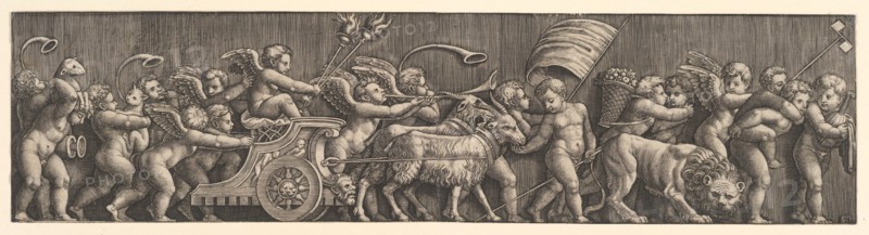 Frieze arrangement depicting the Triumph of Love; Cupid in a Chariot led by goats, man..., 1530-60. Creator: Master of the Die.