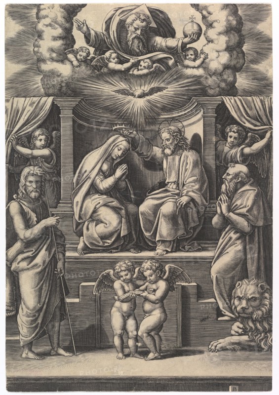 The Coronation of the Virgin, at lower left stands St John the Baptist, at lower right ..., 1530-60. Creator: Master of the Die.