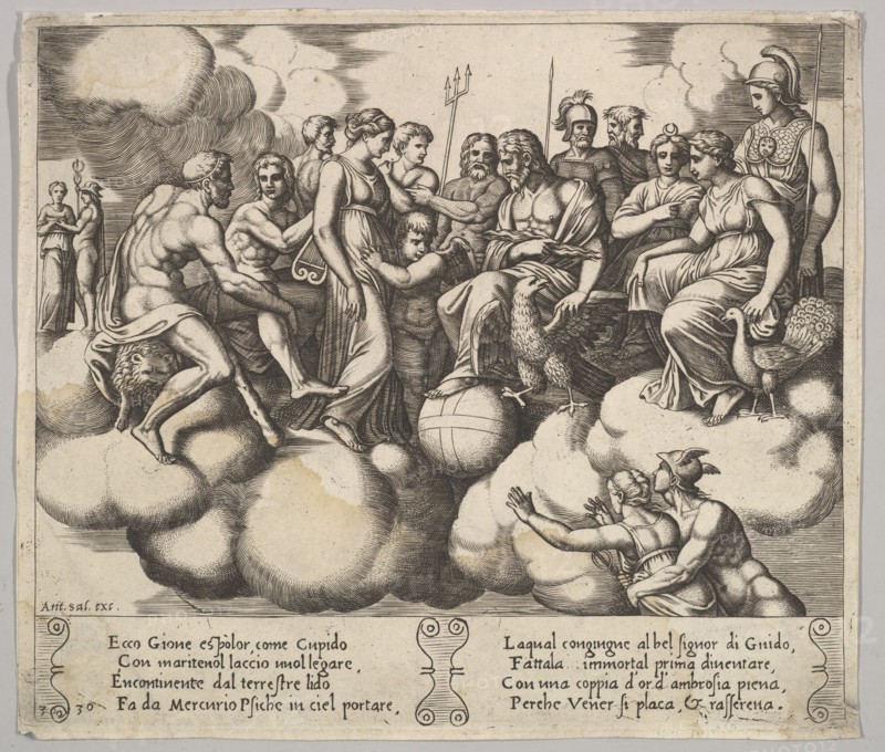Plate 30: Venus and Cupid pleading their case in the presence of Jupiter and other Gods..., 1530-60. Creator: Master of the Die.