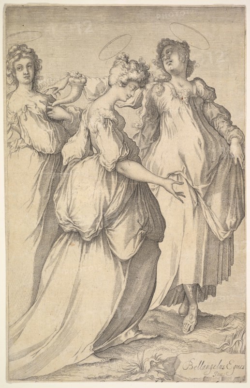 Three Haloed Female Figures, ca. 1610-50. Creator: Matthaus Merian.